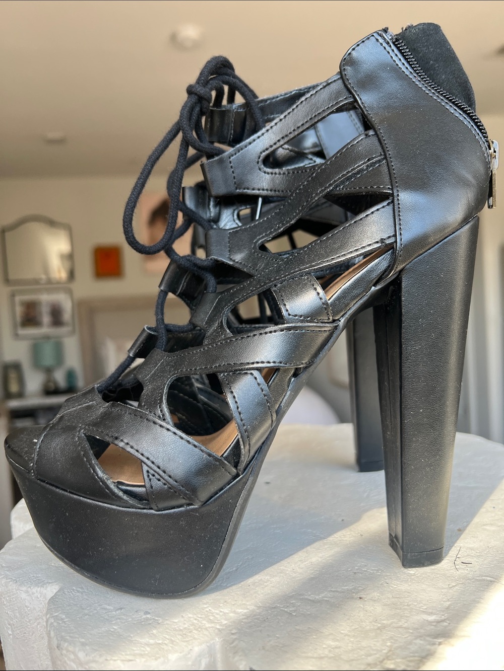 Charlotte Russe Black Lace-Up Cutout Platform Heels